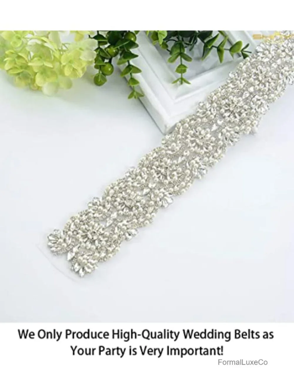 Beaded Rhinestone Wedding Dress Belt Sash with Pearl Trim